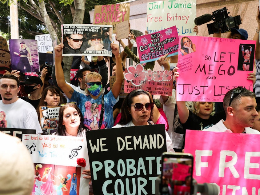 caption: #FreeBritney activists protest outside a conservatorship hearing for pop singer Britney Spears on June 23 in Los Angeles.