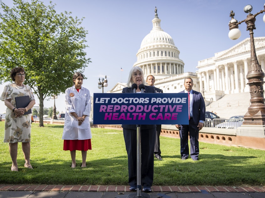 caption: U.S. Sen. Patty Murray discusses efforts to protect reproductive rights during a news conference at the U.S. Capitol in August 2022. Murray has re-introduced legislation that would require health insurers to cover over-the-counter birth control if the FDA approves it.