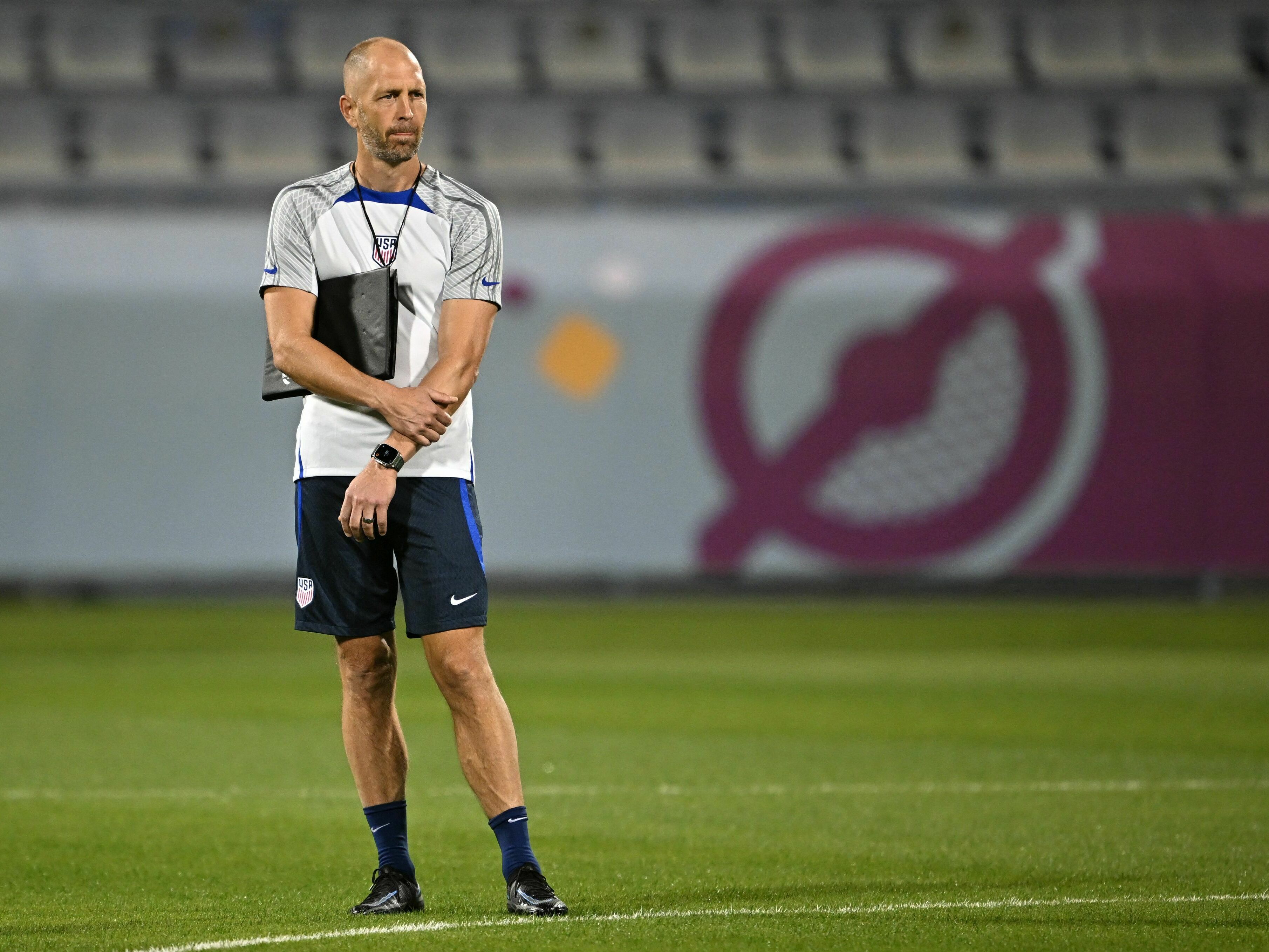 caption: U.S. men's national team coach Gregg Berhalter during a training session at the FIFA World Cup in Qatar.