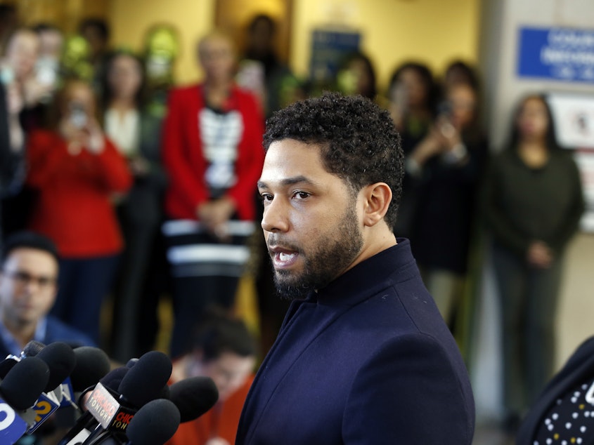 caption: Jussie Smollett addresses the media after appearing in a Chicago courtroom on Tuesday. The <em>Empire</em> actor reasserted his innocence after prosecutors dropped the charges against him, but Chicago police are upset with the decision.