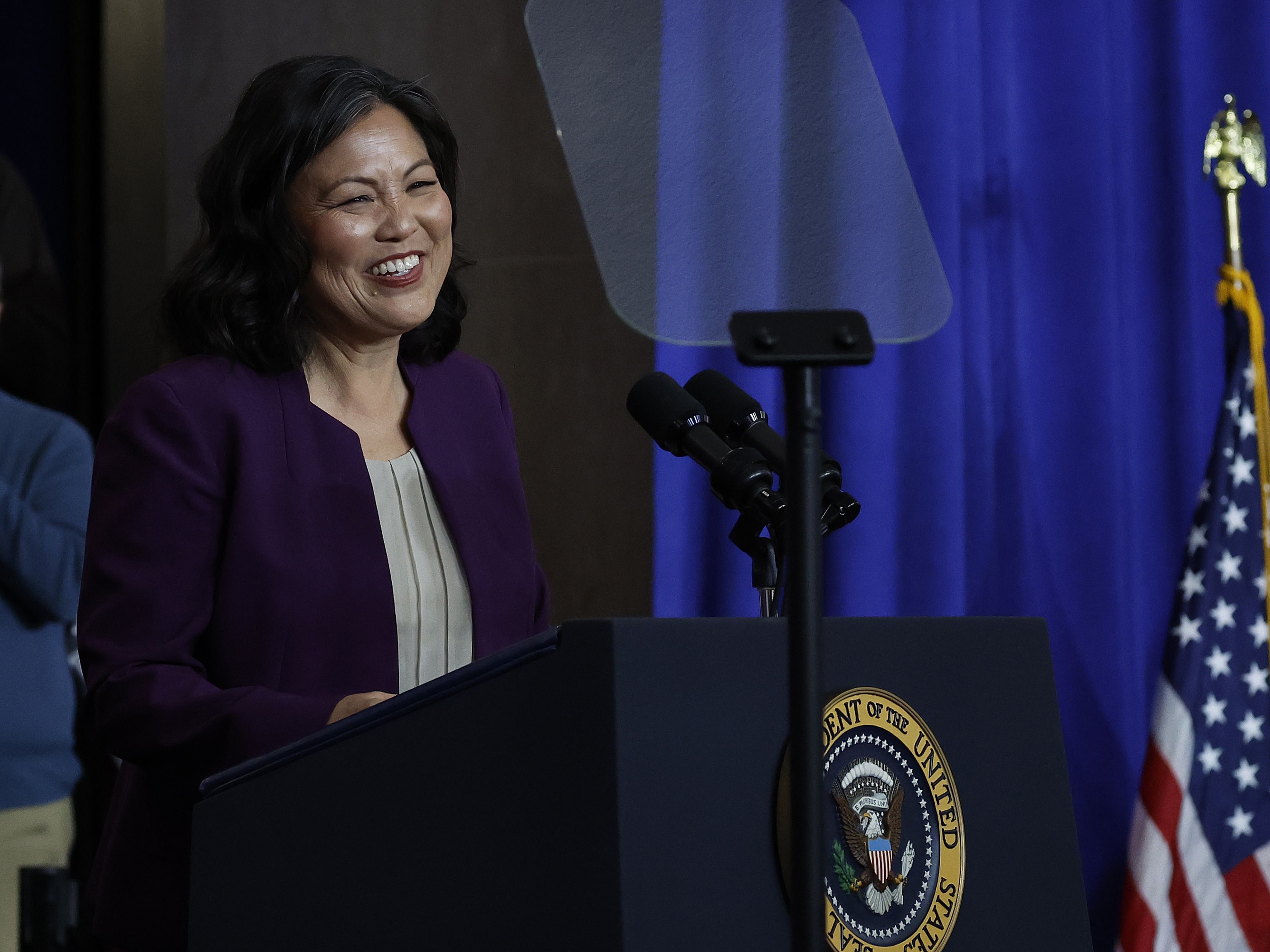 caption: Acting U.S. Secretary of Labor Julie Su introduces President Biden during a ceremony Monday at the Department of Labor. Biden signed a proclamation to establish the Frances Perkins National Monument in Maine.