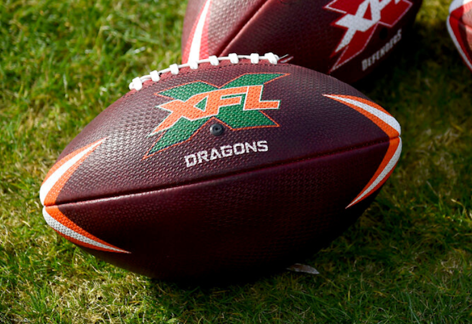 caption: A detailed view of official XFL footballs during the first half of an XFL football game between the DC Defenders and the Seattle Dragons, Saturday, Feb. 8, 2020, in Washington. 