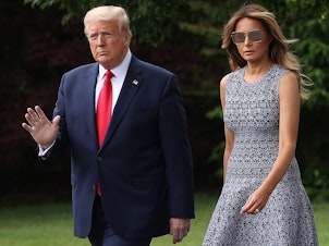 caption: President Donald Trump and First Lady Melania Trump depart the White House on May 27.