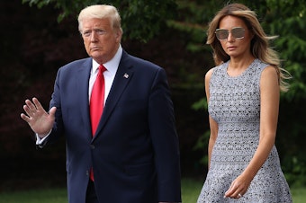 caption: President Donald Trump and First Lady Melania Trump depart the White House on May 27.