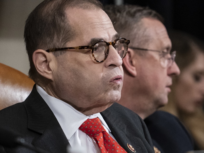 caption: House Judiciary Committee Chairman Jerry Nadler had adjourned Thursday without a vote on the articles of impeachment. Ranking member Doug Collins (in background) likened the move to a "kangaroo court."