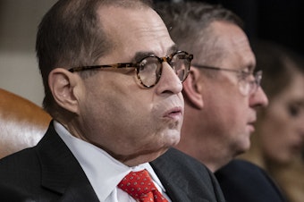 caption: House Judiciary Committee Chairman Jerry Nadler had adjourned Thursday without a vote on the articles of impeachment. Ranking member Doug Collins (in background) likened the move to a "kangaroo court."