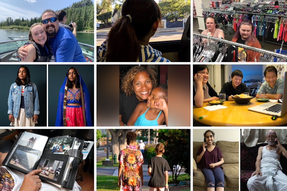 caption: An image for each of the nine stories featured in this showcase. Top row from left: Morgen White meets her bio dad. Jenny Huang looks out a bus window. Marci Flynn and her mom shop at a thrift store. Middle row: Ritika Managuli has a foot in two worlds. A childhood photo of Leila Abe and her mom. Patrick Liu and his parents Skype over dinner. Bottom row: Milagros Ortiz holds a family photo album. Adina and Ruben walk back from a day at the pool. Medha Kuma talks to her thatha on the phone.
