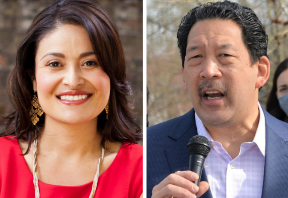 caption: Lorena González and Bruce Harrell are candidates on the November 2021 ballot for Seattle mayor. 

