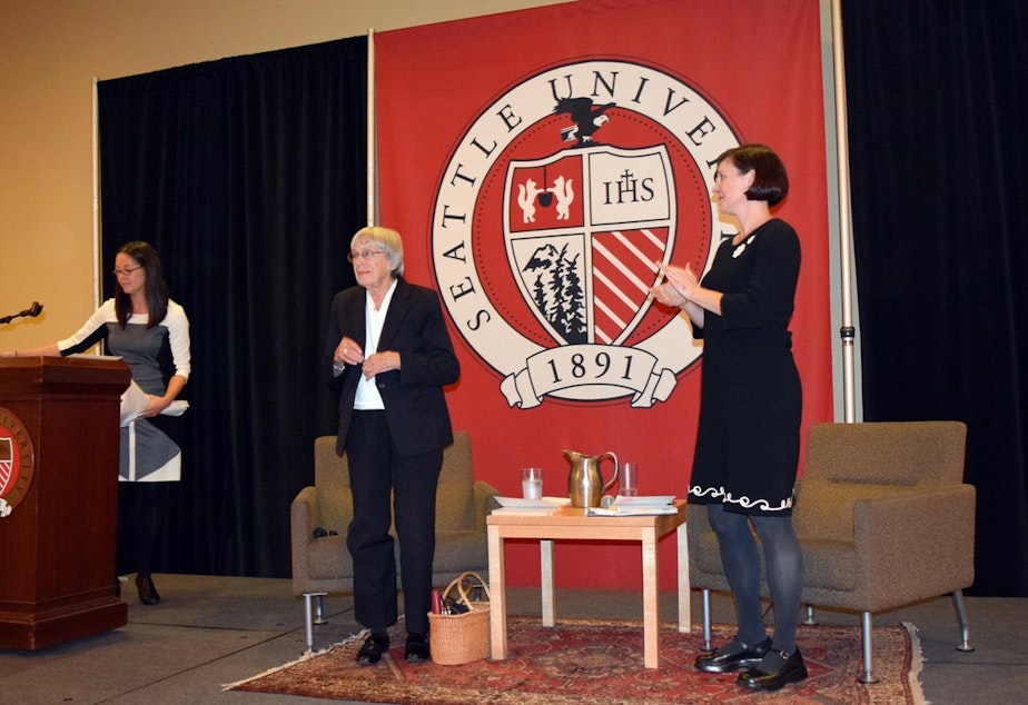 caption: Author Ursula K. Le Guin at Seattle University.