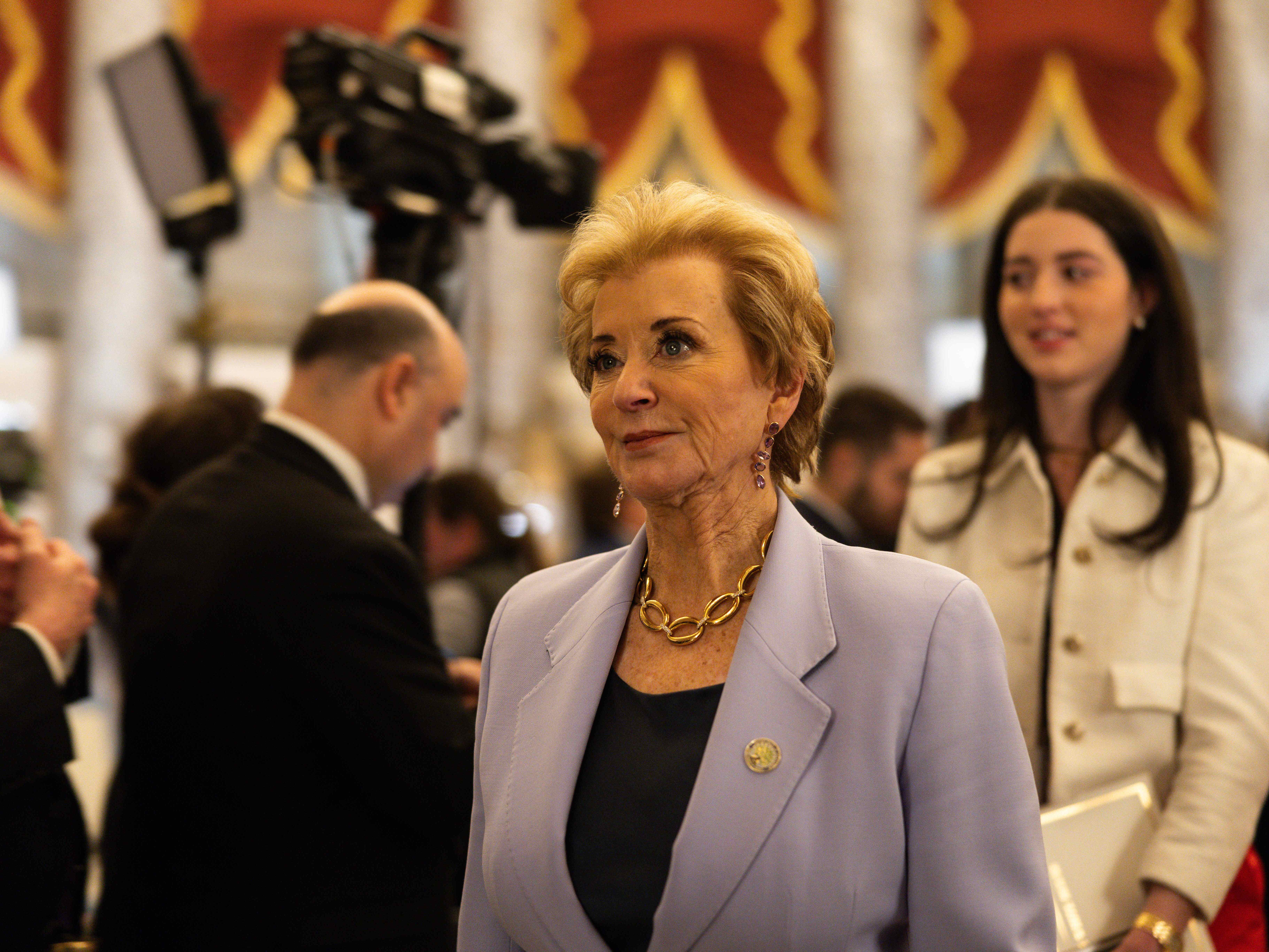 caption: Secretary of Education Linda McMahon arrives to President Trump's joint address to Congress on March 4 in Washington, D.C.