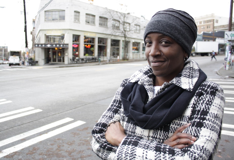 caption: Jackie Williams had just gotten off her night shift at Swedish when I interviewed her outside the Salvation Army shelter on Capitol Hill. She would have a few short hours to sleep before the shelter closes for the day.