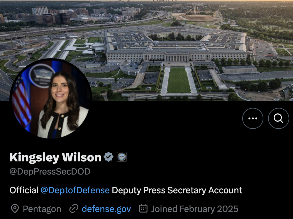 caption: Department of Defense deputy press secretary Kingsley Wilson's account on X shows that she has thousands of followers.