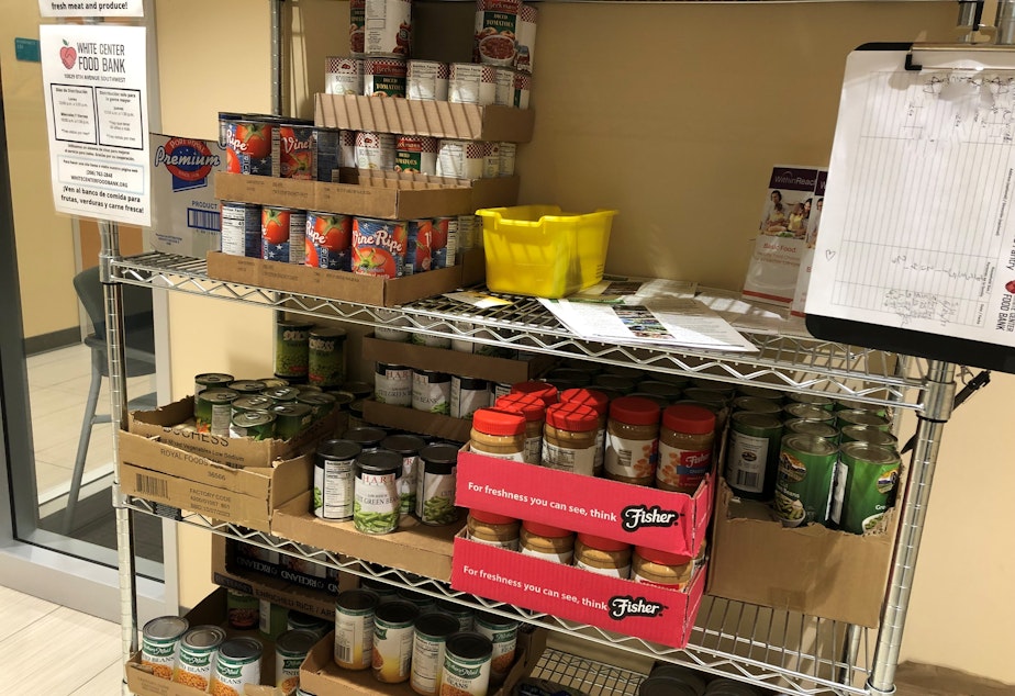 caption: White Center Food Bank and Sea Mar Health Center teamed up to create a pantry shelf in the clinic's waiting area. 