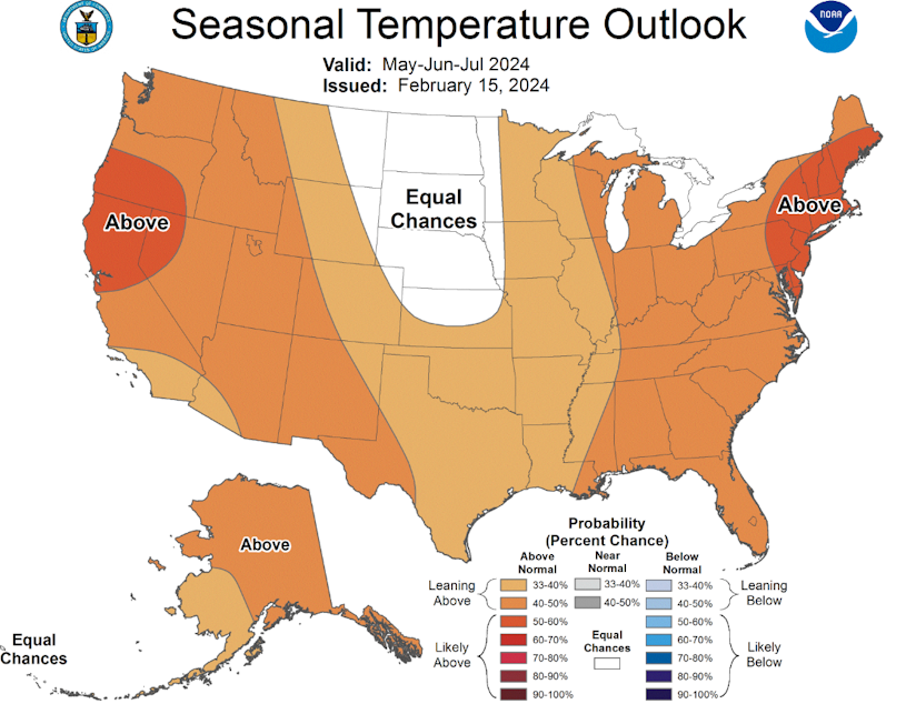caption: The seasonal temperature outlook between May and July 2024, from the National Weather Service. 