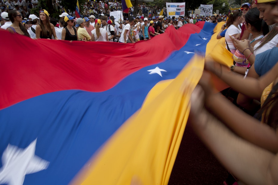 caption: Demonstrators wave a Venezuelan flag during an anti-government protest in Caracas, Venezuela, Sunday, March 2, 2014. 