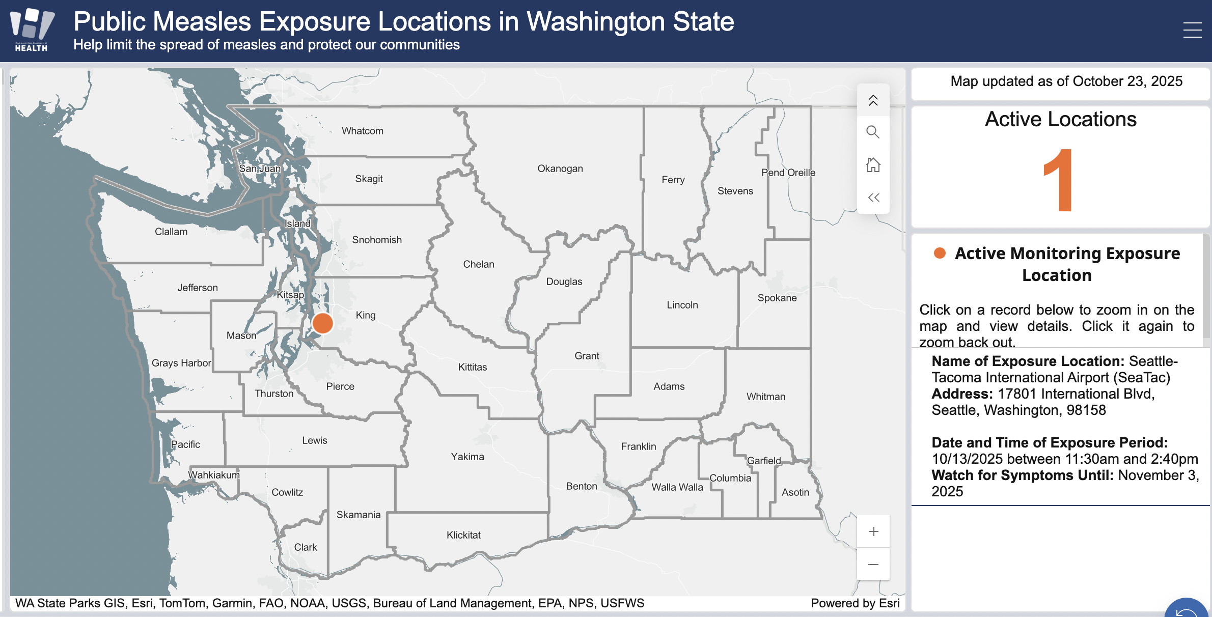 caption: A screenshot of Washington State Department of Health's symbol map of measles exposure locations. The map showcases one active exposure location in the state as of 12:32 p.m. on October 23, 2025.