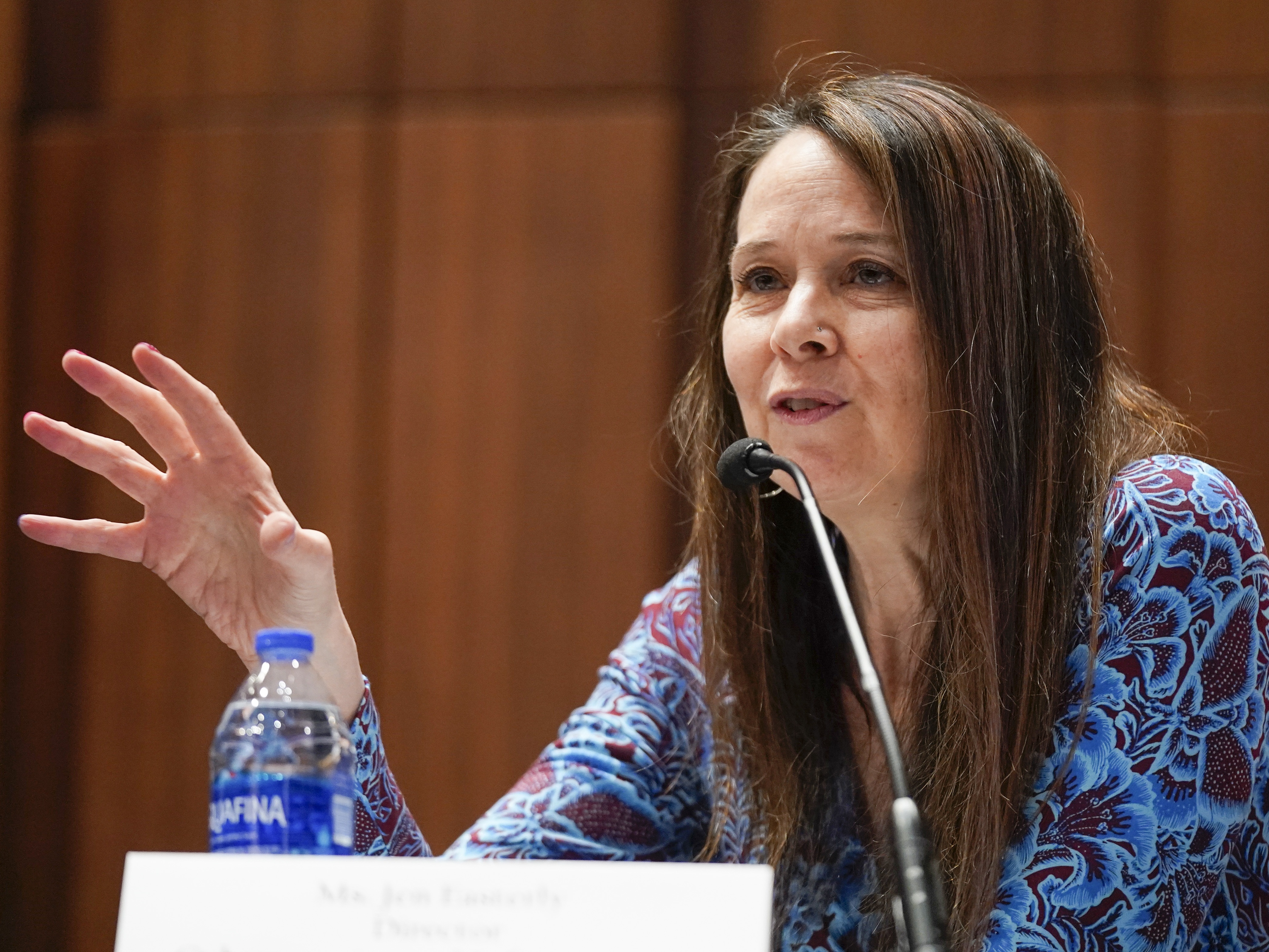 caption: Jen Easterly, director of the Department of Homeland Security's Cybersecurity and Infrastructure Security Agency, speaks at a meeting, Feb. 16, 2023, in Washington, D.C.