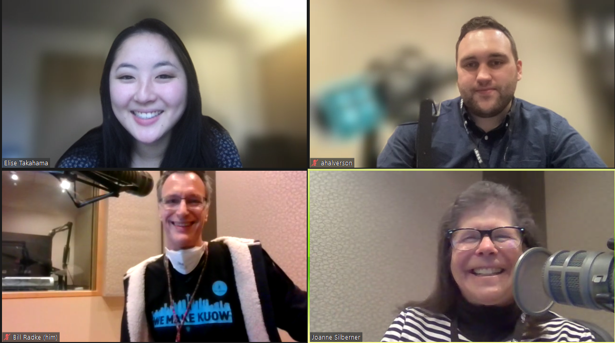 caption: Bill Radke discusses the week’s news with freelance journalist Joanne Silberner, Puget Sound Business Journal’s Alex Halverson, and Seattle Times Elise Takahama. 