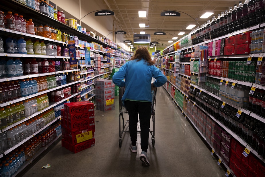 caption: Diane Martin Rudnick grocery shops on Thursday, Feb. 23, 2023, at Fred Meyer along Aurora Avenue North in Shoreline.