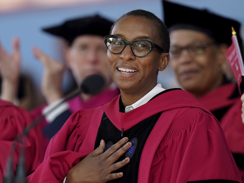 caption: Claudine Gay speaks during commencement ceremonies at Harvard University in May. Gay resigned as Harvard's president Tuesday amid plagiarism accusations.