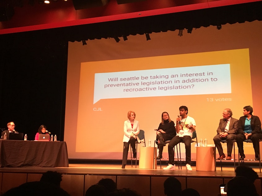 caption: Rainier Beach High School student Gregory Miles Pleasant talked about school safety during the public forum.