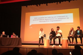 caption: Rainier Beach High School student Gregory Miles Pleasant talked about school safety during the public forum.