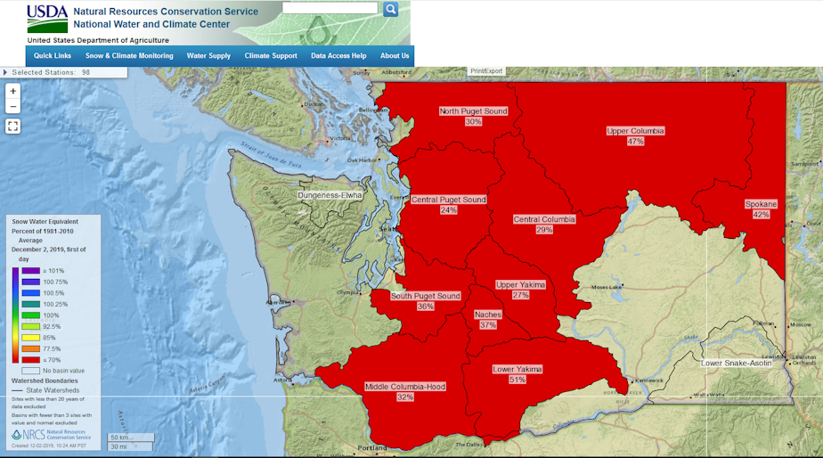 caption: A U.S. Department of Agriculture web page shows snow-water equivalent for Washington state as of early December.