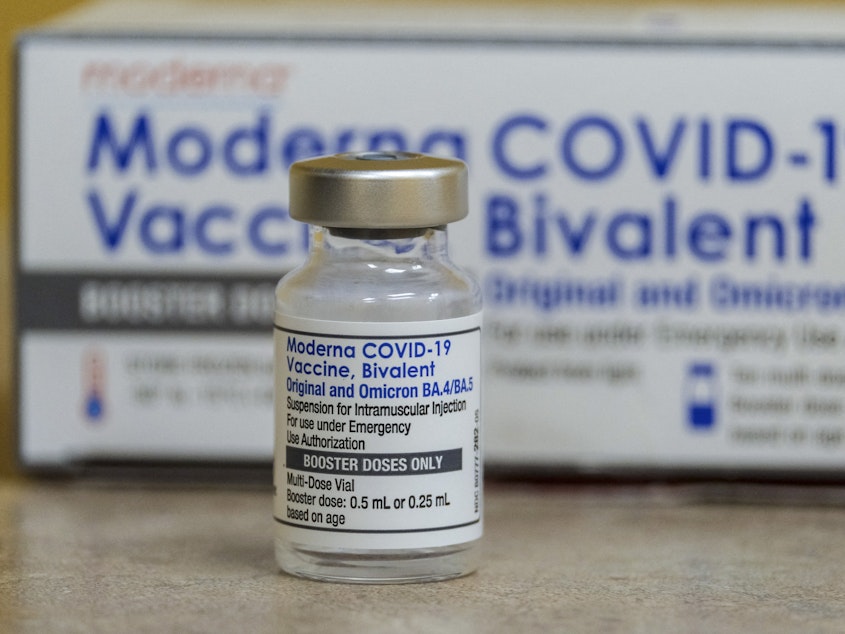 caption: A vial of the Moderna's COVID-19 vaccine, Bivalent. Though the shots are free to pretty much anyone who wants one in the U.S. as long as federal stockpiles hold out, the next update of the vaccine might be costly for some people who lack health insurance.