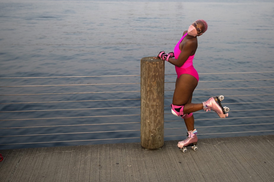 caption: Miracle Sepúlveda poses for portrait on Wednesday, September 30, 2020, during a Seattle Skates meet up along Alki Avenue Southwest in Seattle.