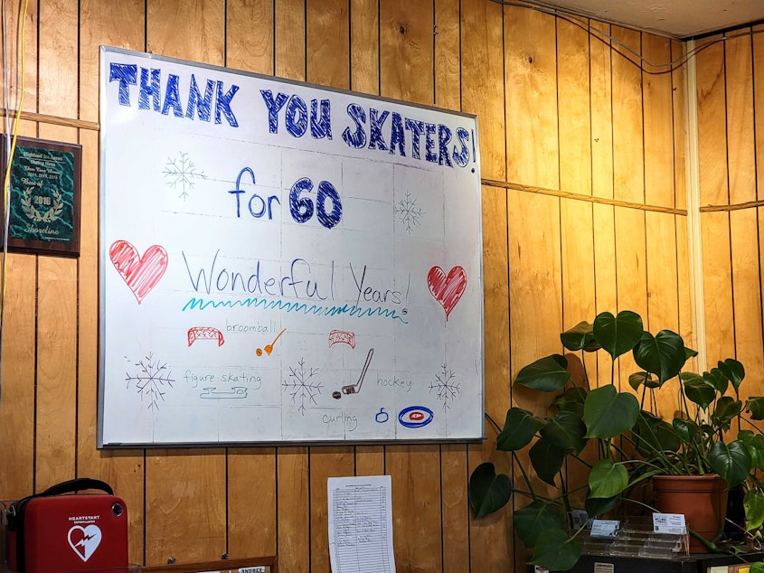 caption: A sign at Highland Ice Arena that reads, "THANK YOU SKATERS! FOR 60 WONDERFUL YEARS!" Wednesday, Oct. 12, 2022.