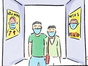 A comic about wearing masks on elevators.