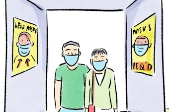 A comic about wearing masks on elevators.