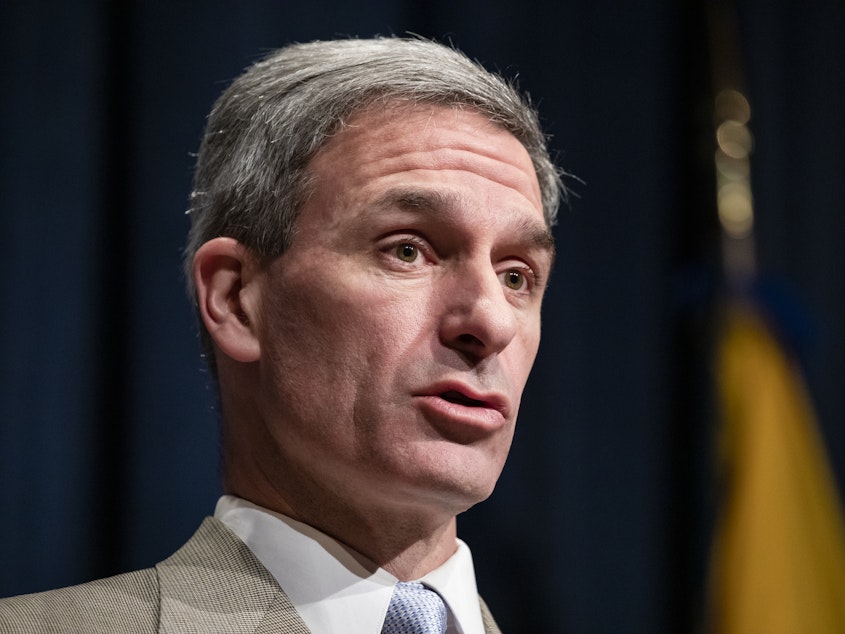caption: Ken Cuccinelli speaks on Feb. 7 in Washington. A federal judge said his appointment to lead U.S. Citizenship and Immigration Services was unlawful.