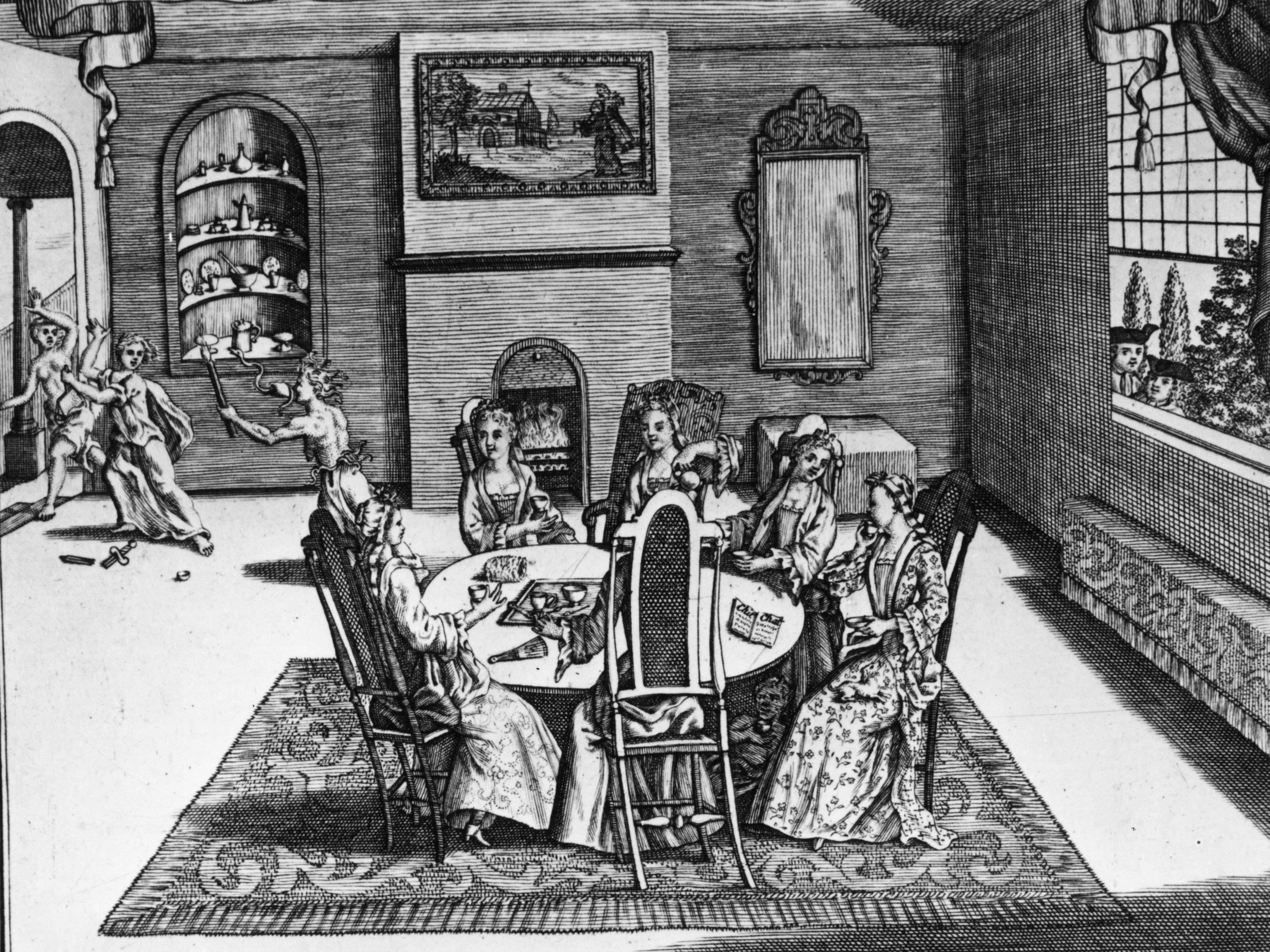 caption: A satire of women's social discourse in the Queen Anne period depicts six women taking tea in a parlor, with figures on the left signifying hidden emotions and power struggles behind a genteel facade. Circa 1710.