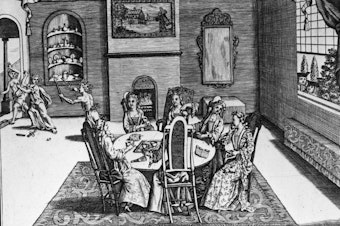 caption: A satire of women's social discourse in the Queen Anne period depicts six women taking tea in a parlor, with figures on the left signifying hidden emotions and power struggles behind a genteel facade. Circa 1710.