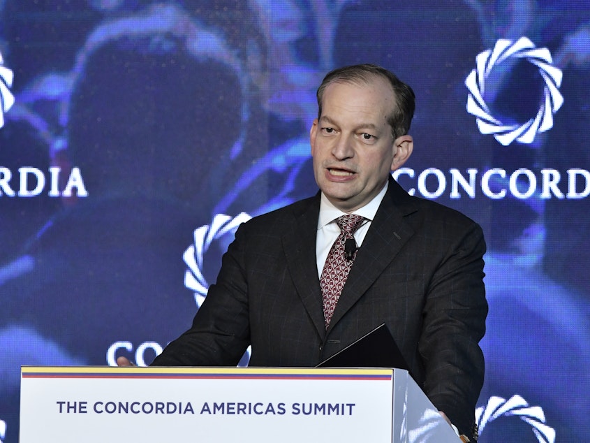 caption: Secretary of Labor Alexander Acosta speaks at an event in Bogotá, Colombia, in May. Acosta is coming under criticism for his actions in a sex trafficking case involving Jeffrey Epstein when Acosta was a U.S. attorney is Florida.