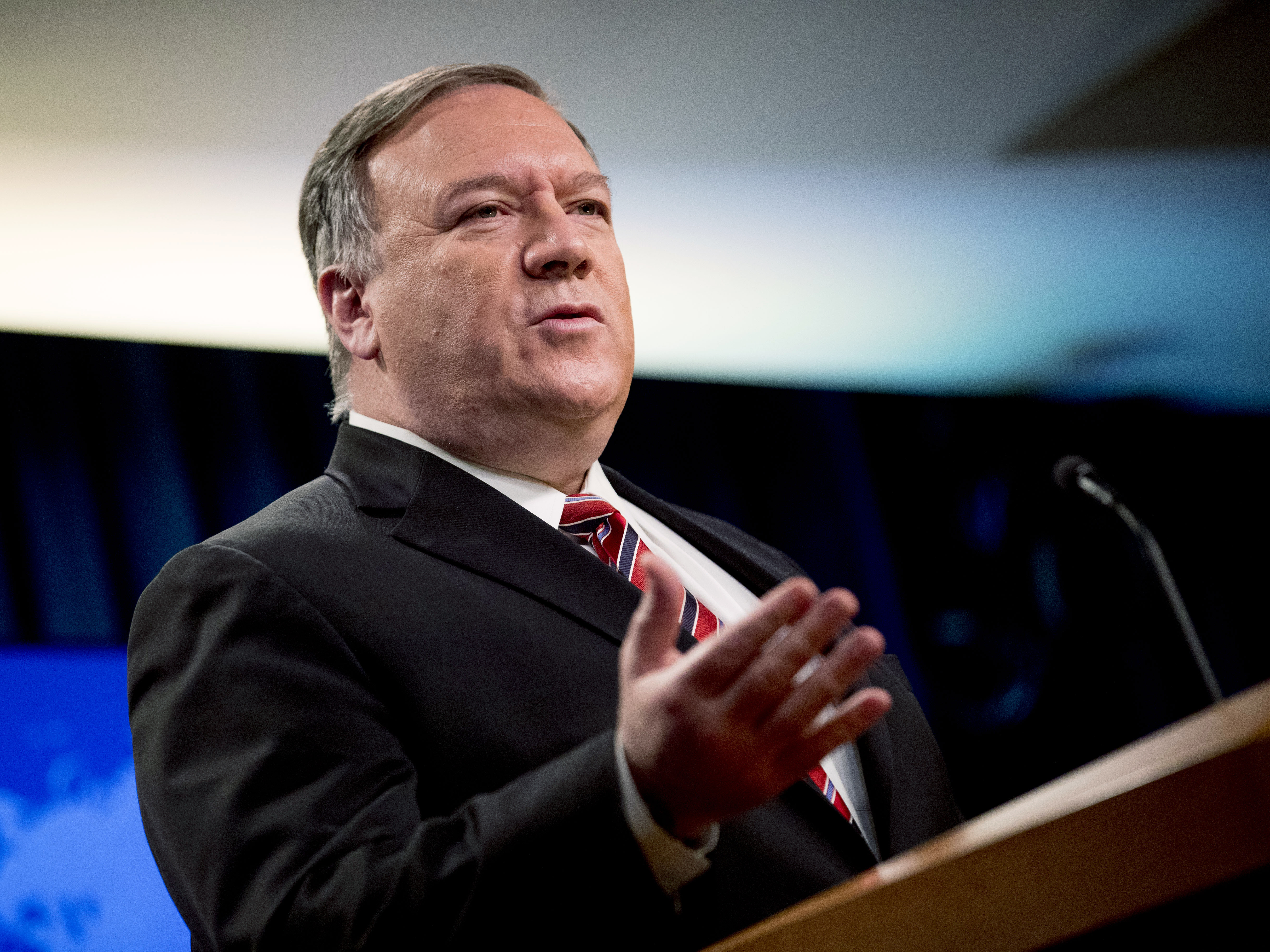 caption: Secretary of State Mike Pompeo speaks at a news conference at the State Department in Washington, D.C., on April 29. Pompeo criticized the World Health Organization on Monday for not inviting Taiwan to its assembly.
