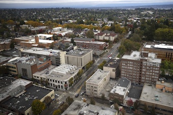 caption: The intersection of University Way Northeast and Northeast 45th Street is shown on Monday, October 5, 2019, from UW Tower in Seattle.