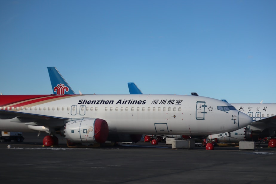caption: The majority of Boeing 737 MAX jets remaining in long-term storage in Moses Lake were ordered by Chinese airlines years ago. Some of them may no longer be wanted.