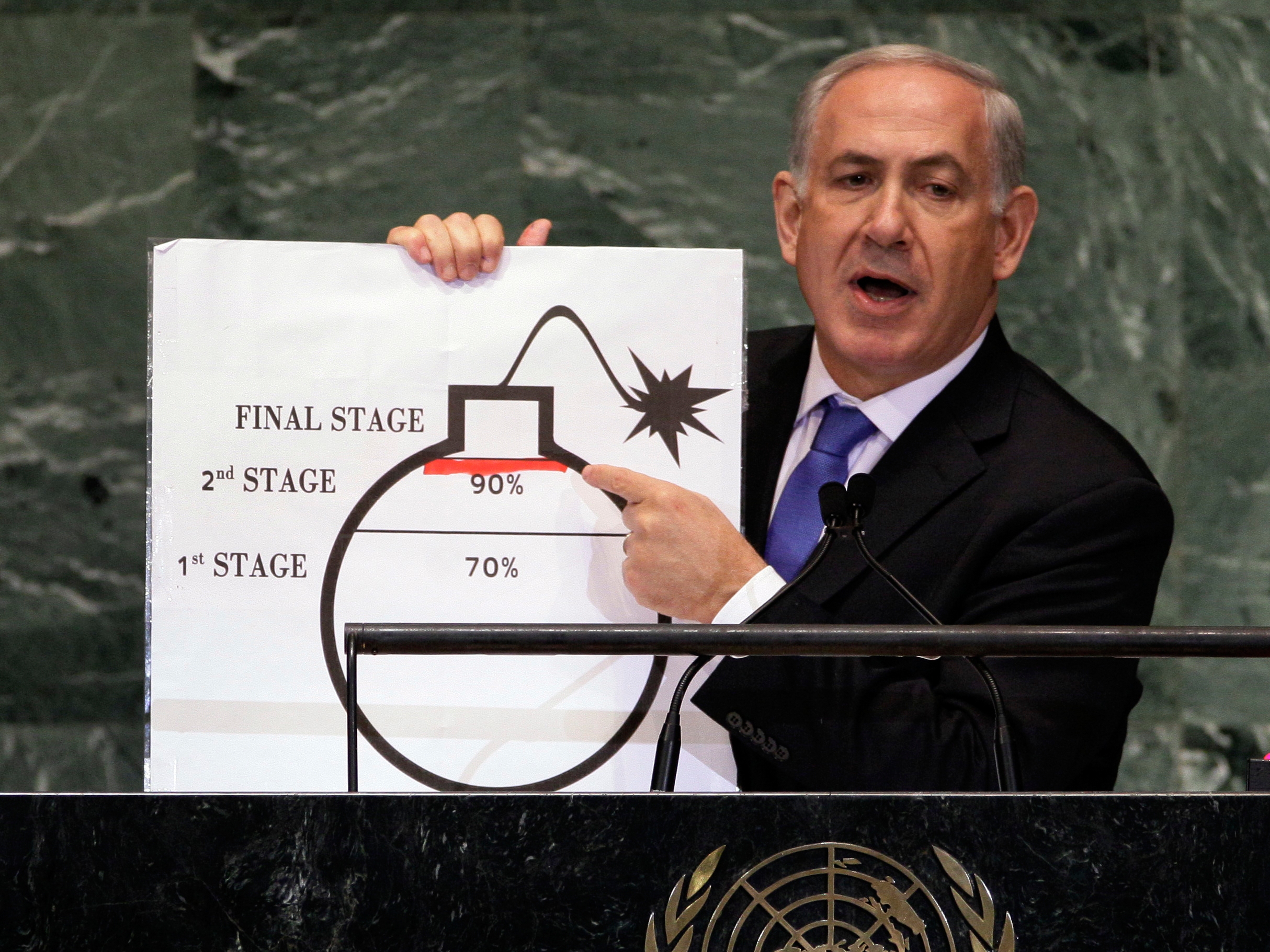 caption: Israeli Prime Minister Benjamin Netanyahu shows an illustration as he describes his concerns over Iran's nuclear ambitions during his address to the 67th session of the United Nations General Assembly at U.N. headquarters, Sept. 27, 2012.
