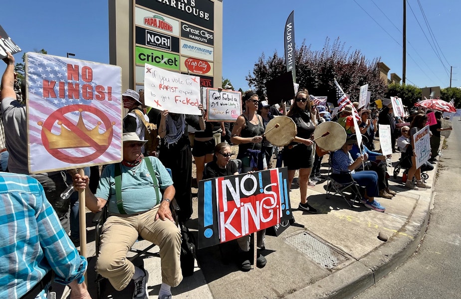 caption: Protestors in the No Kings demonstration line both sides of East McAndrews Road in Medford, Oregon, for over half a mile on Saturday morning, June 14, 2025.