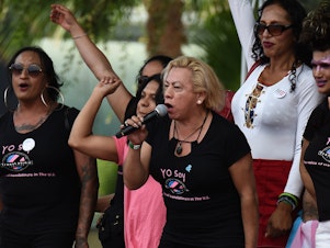 caption: Bamby Salcedo, here speaking at a 2017 rally, is president and CEO of the TransLatin@ Coalition, one of the plaintiffs in a lawsuit filed to keep Obama-era civil rights protections in place. "Everyone deserves easy access to health care," Salcedo says, "and health care that is respectful of who we are."