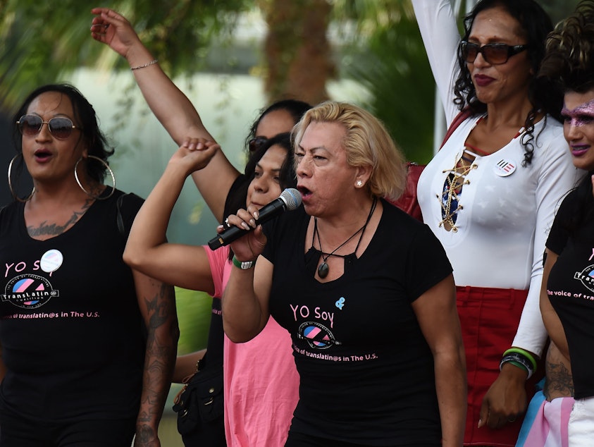 caption: Bamby Salcedo, here speaking at a 2017 rally, is president and CEO of the TransLatin@ Coalition, one of the plaintiffs in a lawsuit filed to keep Obama-era civil rights protections in place. "Everyone deserves easy access to health care," Salcedo says, "and health care that is respectful of who we are."