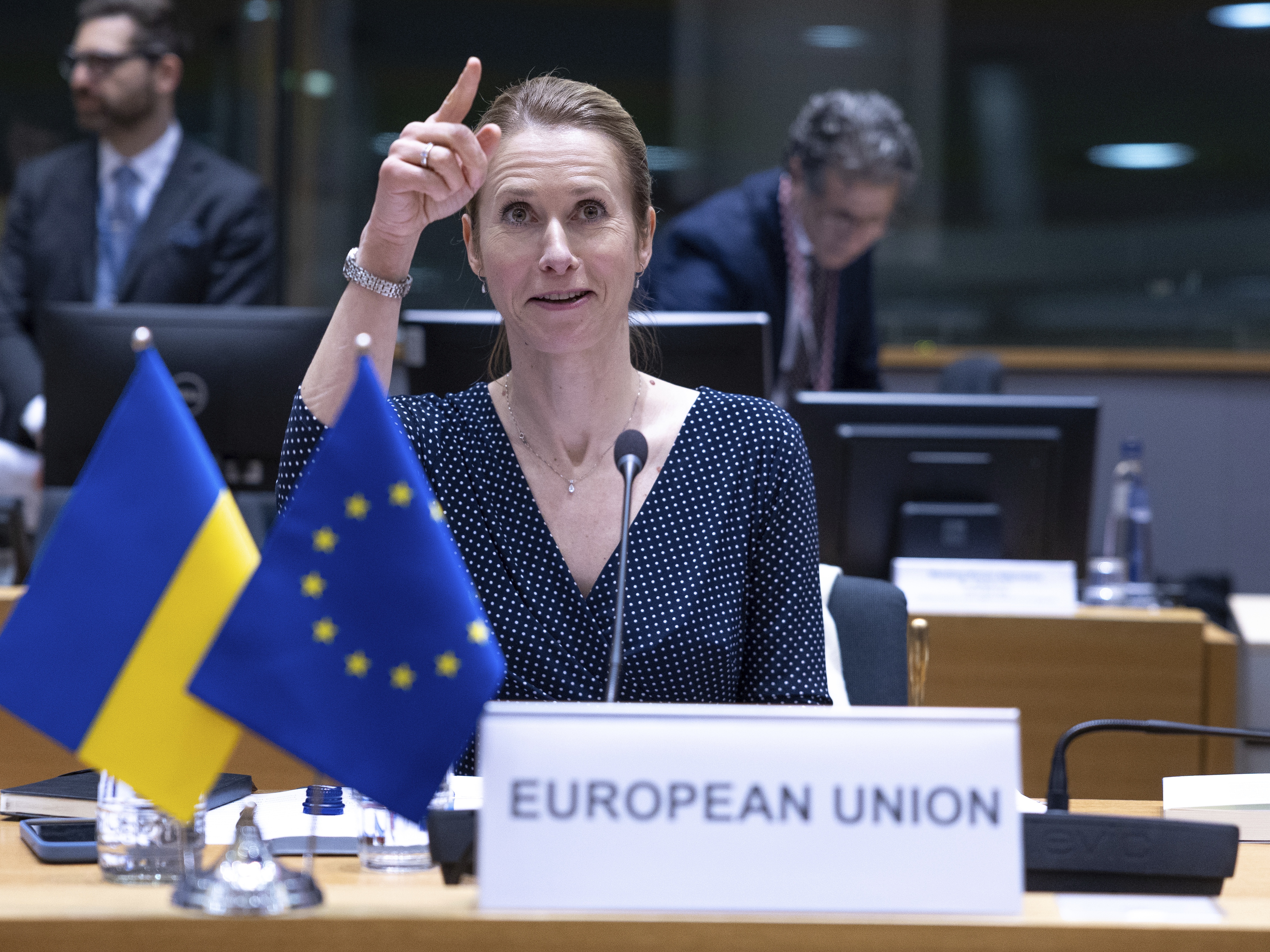 caption: European Union foreign policy chief Kaja Kallas attends the EU-Ukraine Association Council at the European Council building in Brussels  April 9, 2025.
