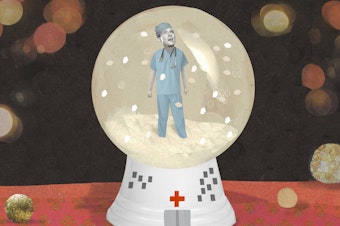 Illustration of a young doctor trapped in a snow globe, by Katherine Streeter for NPR.