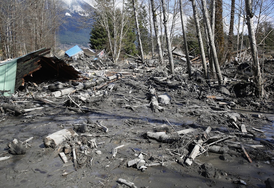 caption: A house is seen destroyed in the mud on state Route 530 next to mile marker 37 on Sunday, March 23, 2014, the day after a giant landslide occurred near Oso, Washington. 