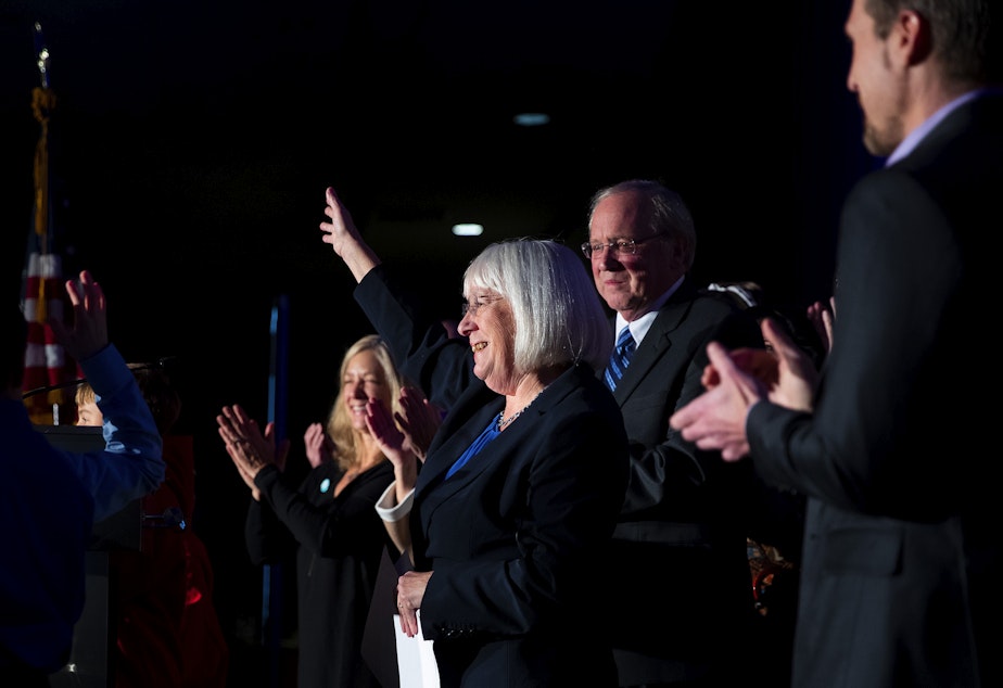 caption: Senator Patty Murray waves to supporters after speaking to a crowd on Tuesday, November 8, 2022, at an election night party at the Westin in Bellevue. 