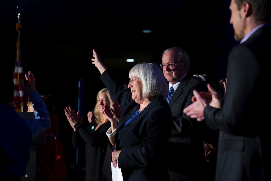 caption: Senator Patty Murray waves to supporters after speaking to a crowd on Tuesday, November 8, 2022, at an election night party at the Westin in Bellevue. 