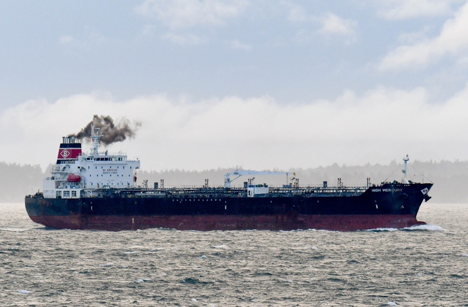 caption: The High Mercury oil tanker steaming toward the Port of Vancouver, B.C., through prime orca habitat in Haro Strait in 2017.