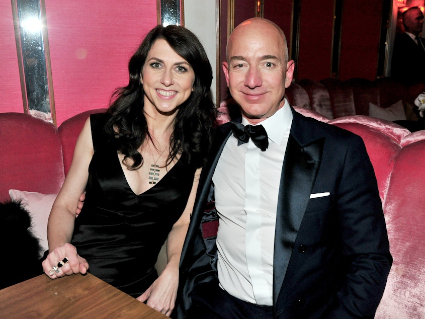 caption: MacKenzie Scott with her then-husband, Amazon founder Jeff Bezos, in 2017.